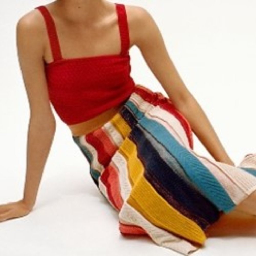 FARM Rio Multicolor Striped Knit Midi Skirt — Red, Yellow, Blue, Navy, Cream